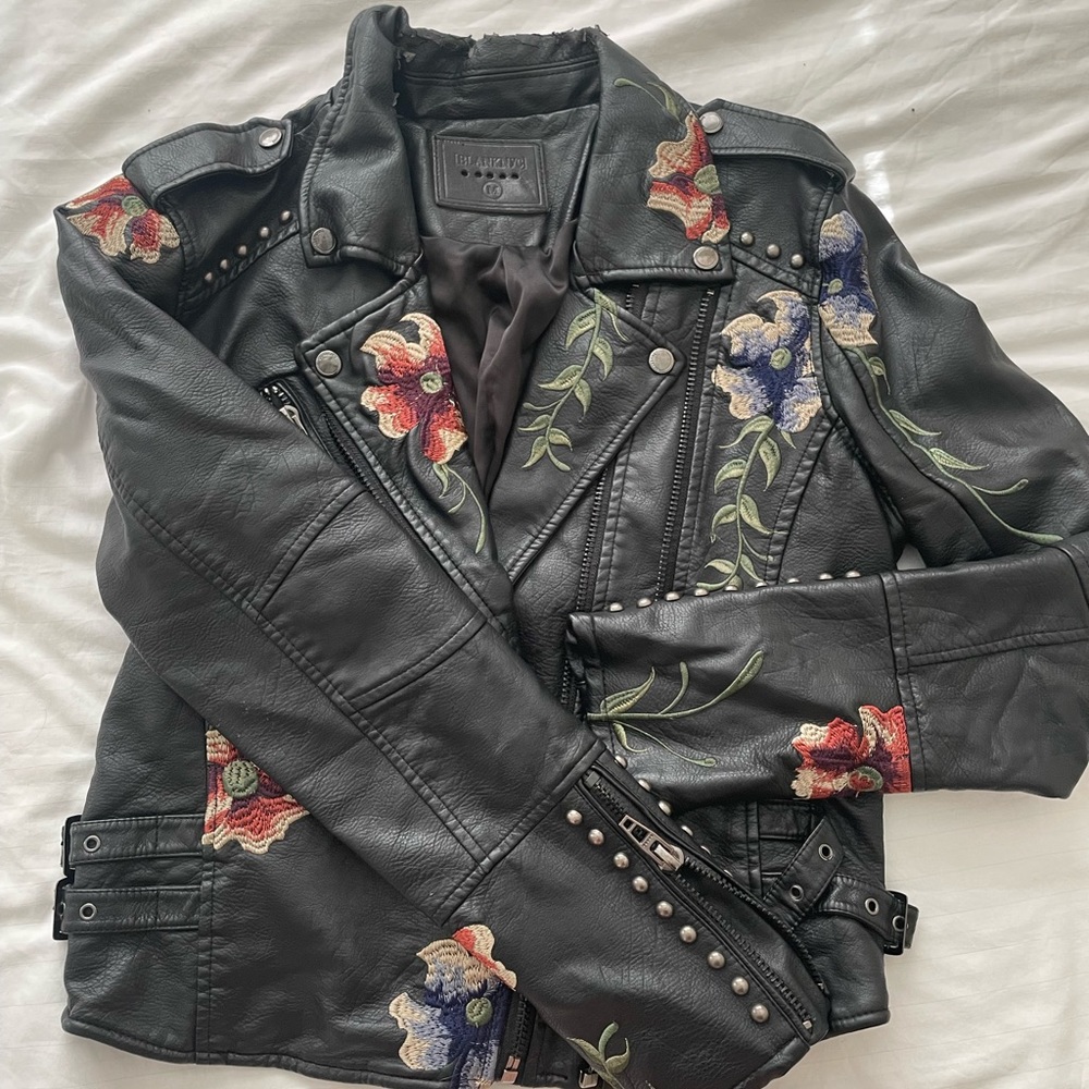 Faux Leather Jacket with flowers embroidery